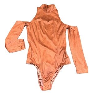 DUSTY PINK HIGH NECK LONG SLEEVE CUT OUT SUEDE BODYSUIT HOUSE OF CB LONDON